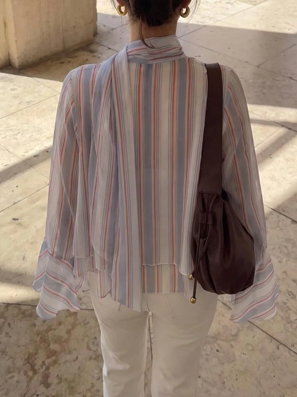 Women's Striped Chiffon Blouse V-Neck Ruffle Sleeve Necktie